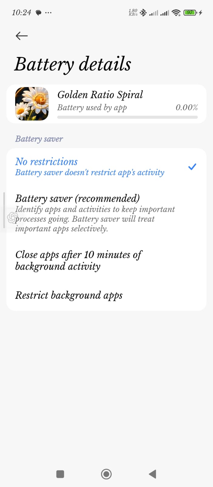 Xiaomi battery saver page with No restrictions selected