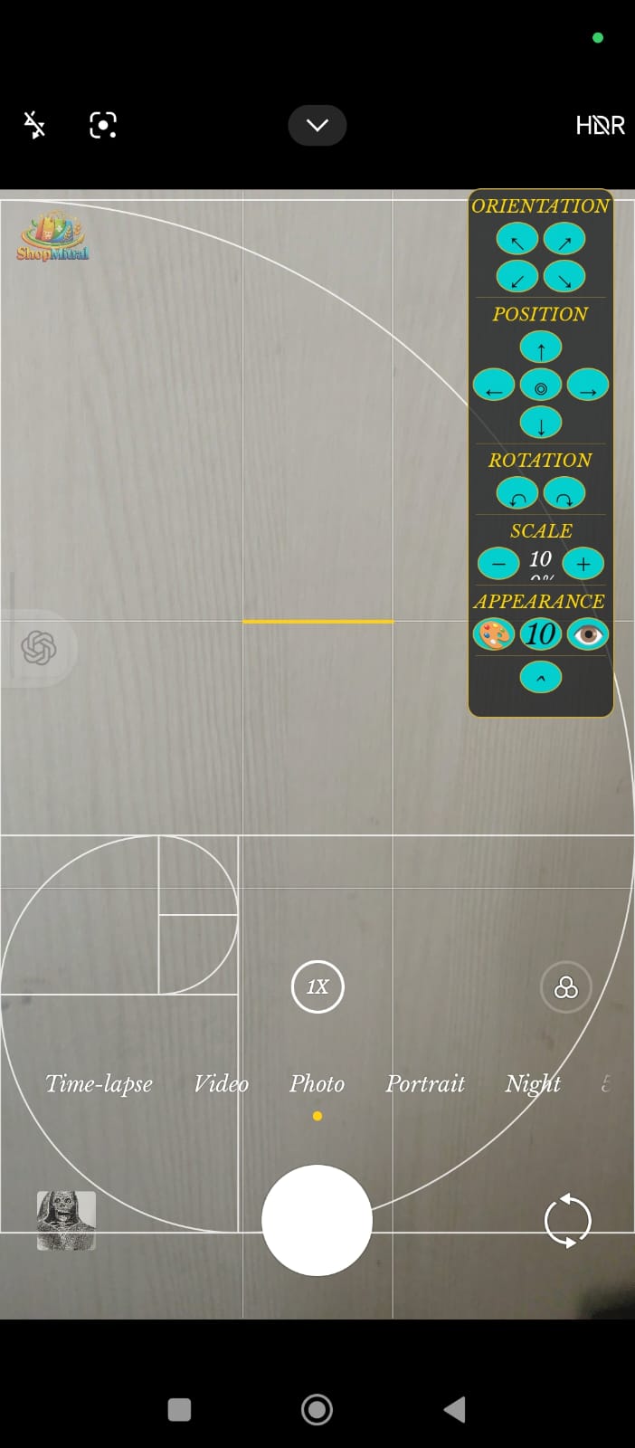 Golden Ratio Spiral overlay, Fibonacci grid and controls over the native Camera app